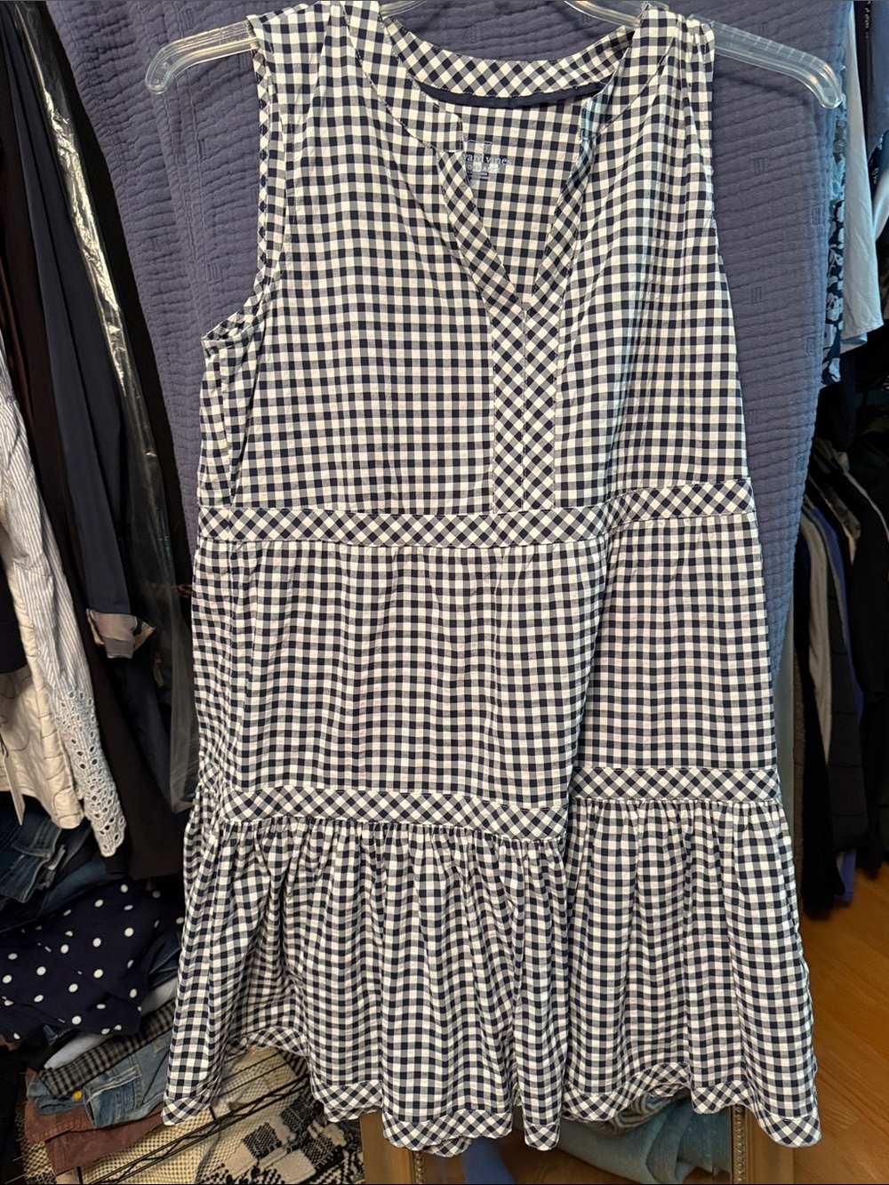 Vineyard Vines Navy and White Gingham Sleeveless Tiered Dress
